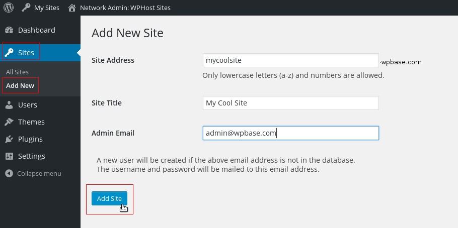 add new site in wordpress multisite