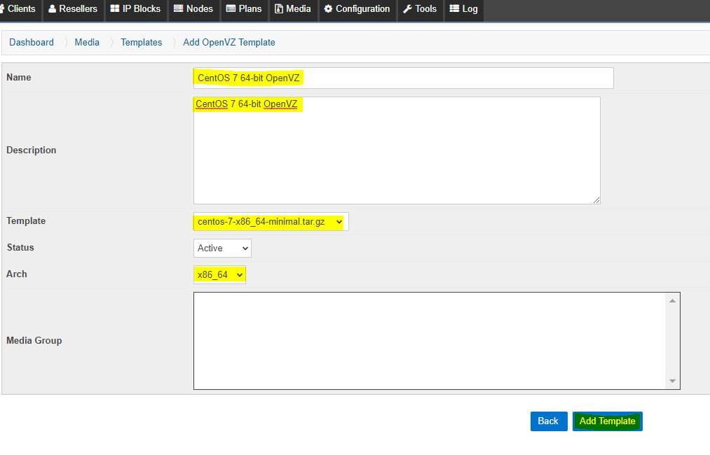 adding OpenVZ templates to the SolusVM: Add OpenVZ Template