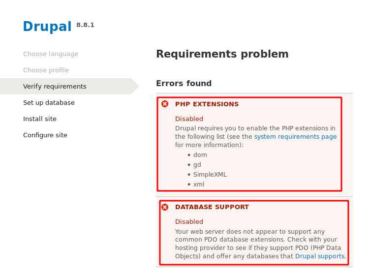 “PHP extensions Disabled” error on Drupal 8