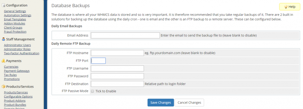 Enable database Backups in WHMCS: Save Changes