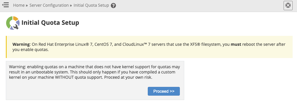 Enable quotas on servers using the XFS filesystem: Initial quota setup