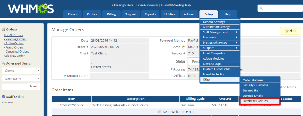 Enable database Backups in WHMCS