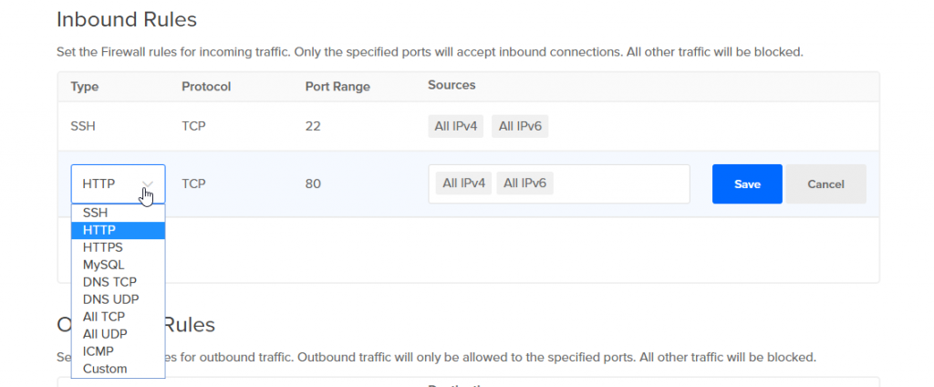 Edit firewall for a DigitalOcean droplet: Inbound rules