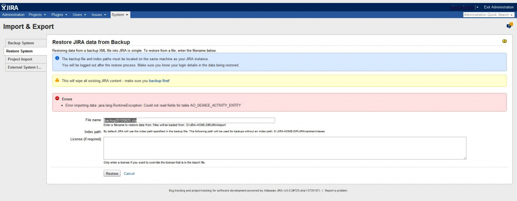 Generating a Confluence XML Backup fails