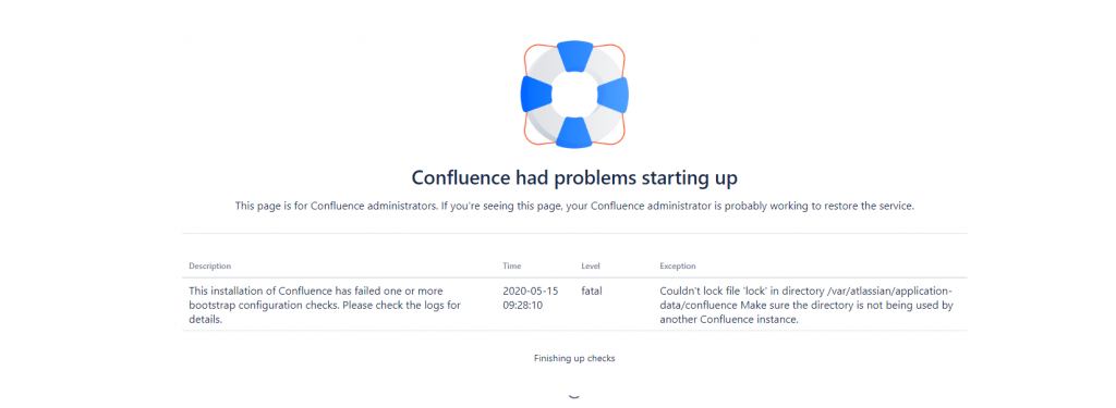 Confluence: 'Couldn't lock file 'lock' in directory' error