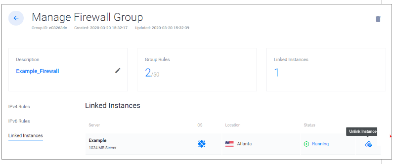 Vultr firewall: View and unlink instances