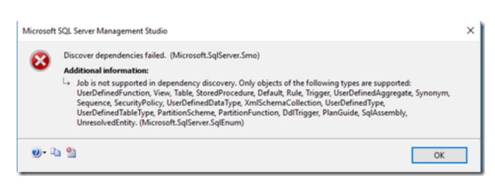 Discover dependencies failed Microsoft SQLserver smo