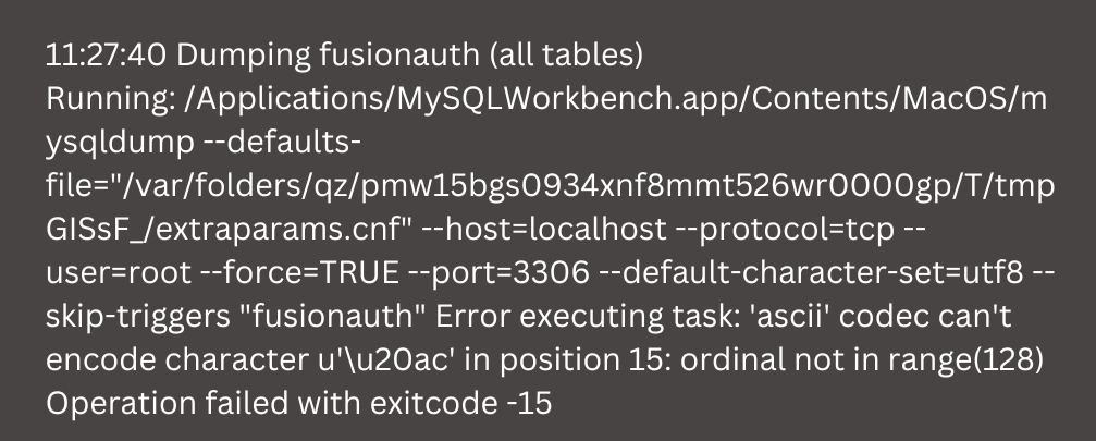 MySQL Workbench Backup failed Error Code 15