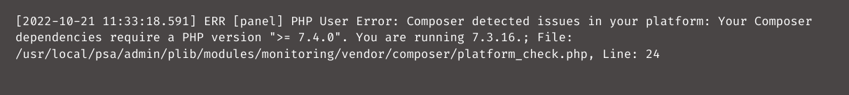 Your Composer dependencies require a PHP version plesk