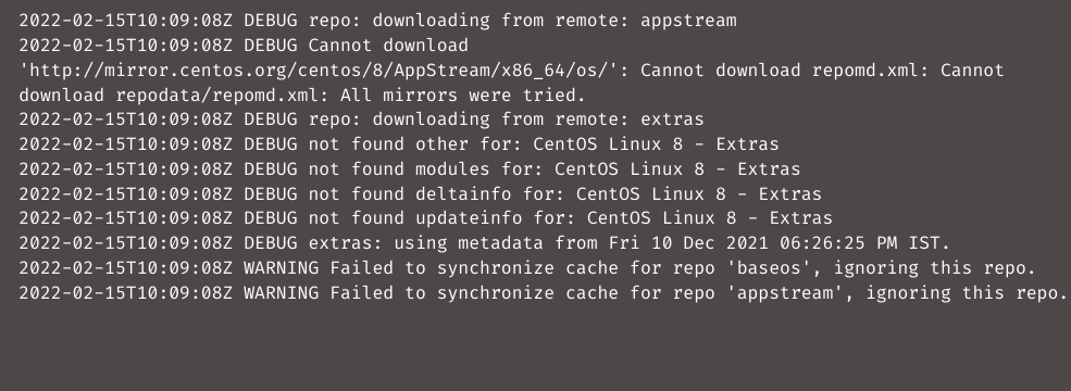 Failed to synchronize cache for repo appstream