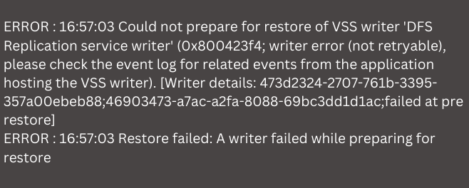 System state restore fails on DFSR VSS writer