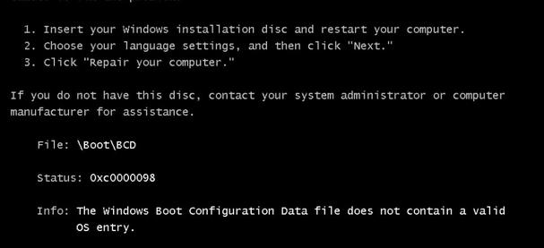 BCD Error Windows 0xc0000098