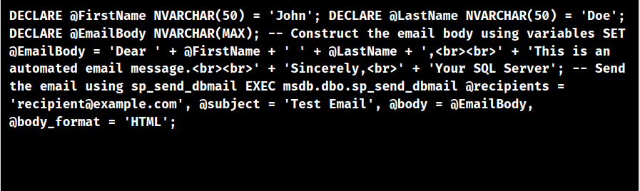 sp_send_dbmail variables in body