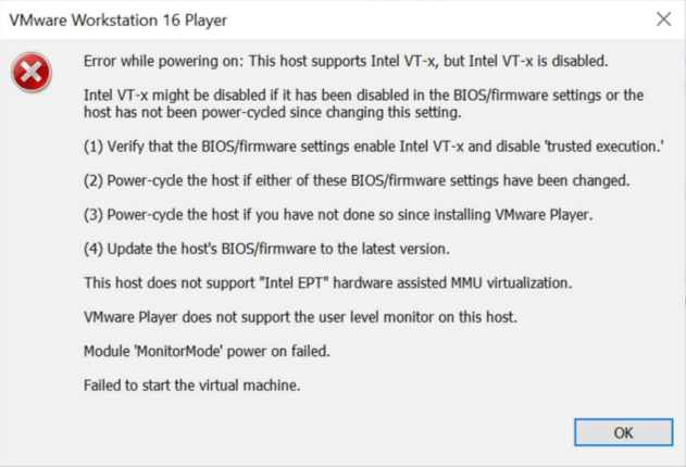 This host supports Intel VT-x, but Intel VT-x is disabled