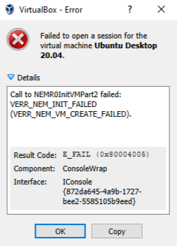 VERR NEM VM CREATE FAILED