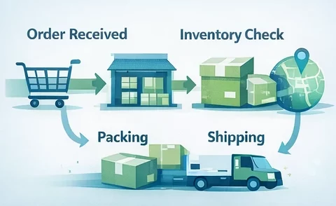 These processes are about managing orders from start to finish. This means getting the order, checking whether we have the product in stock, packing it up, shipping it out, and handling returns.