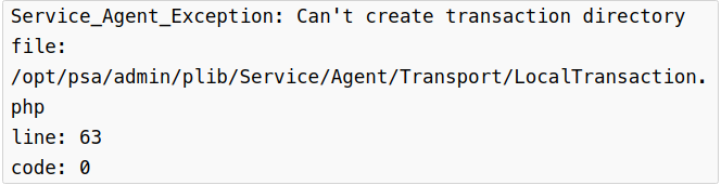 Plesk error Can't create transaction directory file