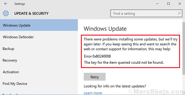 Windows update error 0x80240008