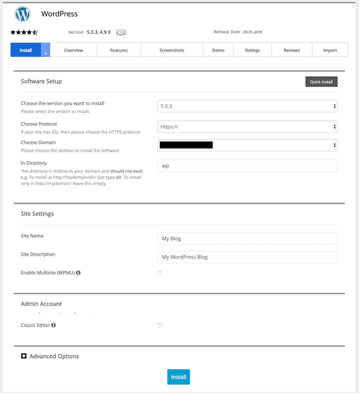 Install WordPress using Softaculous