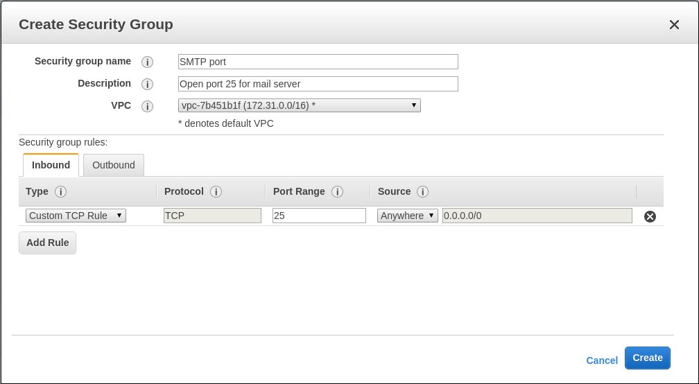 Add security rule for SMTP port in AWS EC2