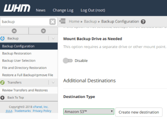 configure amazon s3 via whm