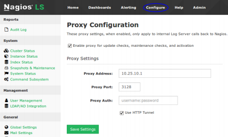 configure nagios log server to use a proxy server