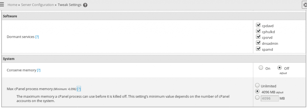 WHM cpanel process memory