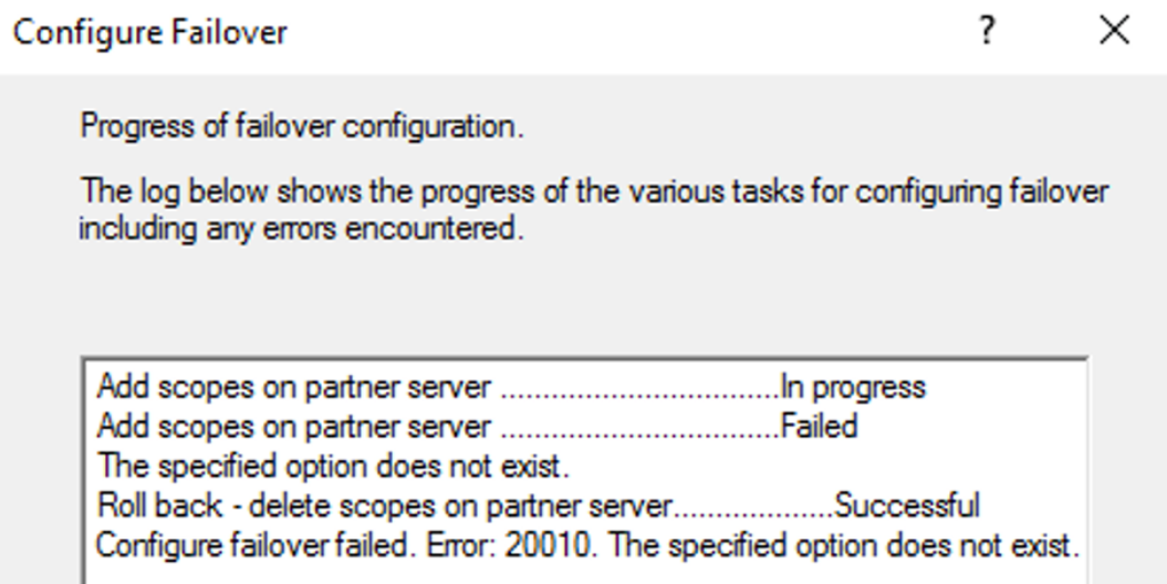 dhcp failover error 20010