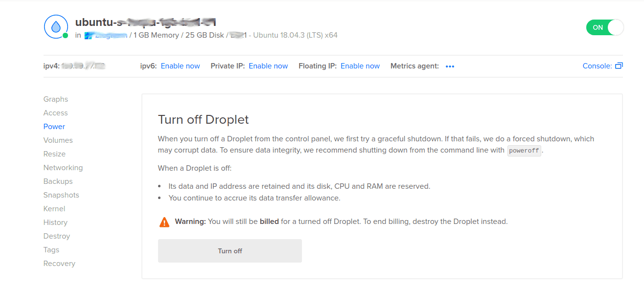 digitalocean power off droplet