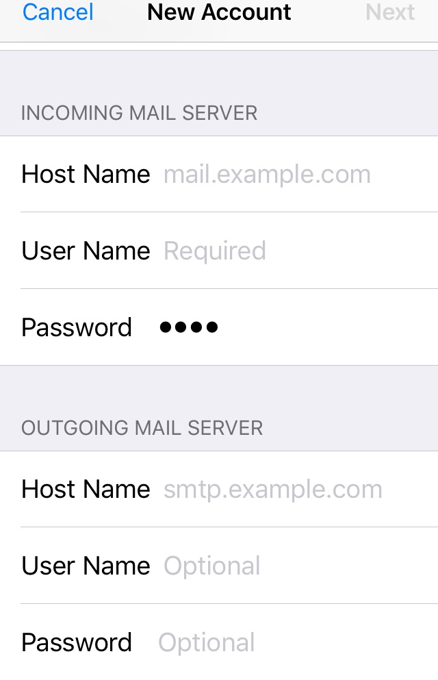 username incoming mail server