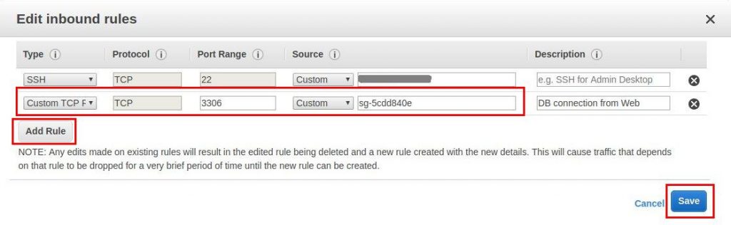 how to connect two ec2 instances - adding DB rule