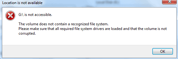 Windows error "The volume does not contain a recognized file system"