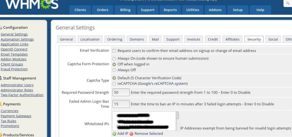 Whitelist IPs in WHMCS